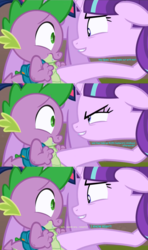 Size: 1544x2600 | Tagged: safe, alternate version, edit, edited screencap, screencap, spike, starlight glimmer, twilight sparkle, alicorn, pony, g4, the cutie re-mark, awkward, backpack, bedroom eyes, comic, evil, evil grin, female, flirting, love, male, mare, nervous, personal space invasion, revenge, screencap comic, ship:sparlight, shipping, smiling, straight, this will end in kisses, time travel, twilight sparkle (alicorn), when she smiles