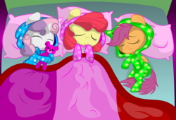 Size: 3000x2040 | Tagged: safe, artist:spellboundcanvas, apple bloom, scootaloo, sweetie belle, earth pony, pegasus, pony, unicorn, g4, adorabloom, clothes, cute, cutealoo, cutie mark crusaders, diaper, diasweetes, female, filly, foal, footed sleeper, high res, pajamas, poofy diaper, sleeping, teddy bear, weapons-grade cute