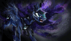 Size: 957x552 | Tagged: safe, artist:chocori, artist:equum_amici, nightmare moon, princess luna, alicorn, pony, g4, animated, armor, cinemagraph, female, mare, nightmare luna, open mouth, solo, song art, the fight inside, transformation