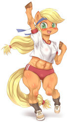 Size: 449x800 | Tagged: safe, artist:hoihoi, applejack, earth pony, anthro, unguligrade anthro, g4, arm hooves, clothes, compression shorts, female, looking at you, muscles, shirt, shoes, sneakers, socks, solo