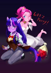 Size: 2480x3507 | Tagged: safe, artist:迷路子, pinkie pie, twilight sparkle, human, g4, cute, eared humanization, flower, glasses, high res, horn, horned humanization, humanized, looking at you, rose, smiling, wink