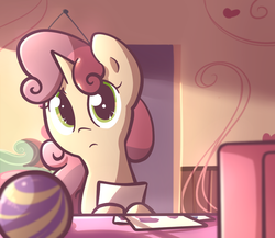 Size: 1150x1000 | Tagged: safe, artist:spikedmauler, sweetie belle, pony, unicorn, g4, computer, drawing, female, go ask sweetie belle, paper, room, solo