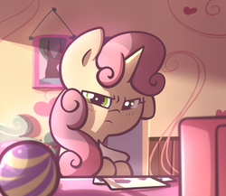 Size: 1150x1000 | Tagged: safe, artist:spikedmauler, sweetie belle, pony, unicorn, g4, :<, ball, computer, drawing, female, frown, glare, go ask sweetie belle, looking at you, one ear down, paper, room, scowl, solo, suspicious