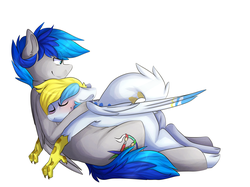 Size: 3000x2249 | Tagged: safe, artist:oddends, oc, oc only, oc:cirrus sky, oc:turquoise, hippogriff, pegasus, pony, blushing, cuddling, cute, eyes closed, floppy ears, gay, high res, lidded eyes, male, oc x oc, on back, shipping, sleeping, smiling, snuggling, talons