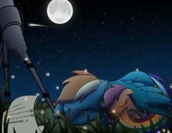 Size: 1024x792 | Tagged: safe, artist:herohart, rainbow dash, scootaloo, g4, cute, moon, night, scootalove, shooting star, sleeping, telescope