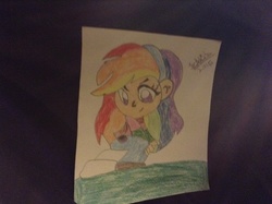 Size: 2592x1936 | Tagged: safe, artist:theanimefanz, derpibooru exclusive, rainbow dash, human, g4, female, fog, grass, humanized, rock, solo, super fog, traditional art