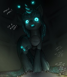 Size: 951x1102 | Tagged: safe, artist:alloyrabbit, oc, oc only, oc:orchid, kaiju, kaiju pony, monster pony, pony, adoracreepy, antennae, behaving like a cat, blushing, clothes, creepy, cute, dialogue, glowing, glowing eyes, glowing horn, glowing throat, horn, looking at you, macro, open mouth, pier, raised hoof, smiling, socks, solo, uvula