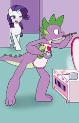 Size: 1650x2550 | Tagged: safe, artist:bico-kun, rarity, spike, oc, oc:celerity, dracony, dragon, hybrid, g4, apron, blushing, bottle feeding, clothes, cooking, female, interspecies offspring, male, naked apron, offspring, older, older spike, parent:rarity, parent:spike, parents:sparity, ship:sparity, shipping, stove, straight