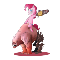 Size: 3000x3000 | Tagged: safe, artist:raph13th, pinkie pie, earth pony, pony, g4, chainsaw, crossover, doom, doom 3, duo, evil dead, high res, pinky demon, riding, simple background, transparent background