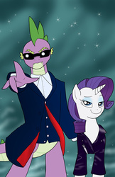 Size: 719x1112 | Tagged: safe, artist:bico-kun, rarity, spike, g4, clothes, crossover, doctor who, female, jacket, leather, leather jacket, male, older, older spike, overcoat, river song (doctor who), ship:sparity, shipping, shirt, straight, sunglasses, twelfth doctor, waistcoat
