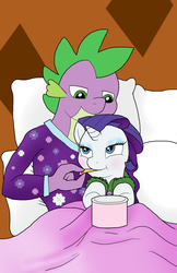 Size: 719x1112 | Tagged: safe, artist:bico-kun, rarity, spike, g4, bed, clothes, feeding, female, food, ice cream, male, older, older spike, pajamas, ship:sparity, shipping, spoon, straight