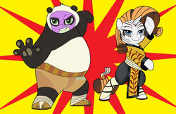 Size: 1024x663 | Tagged: safe, artist:bico-kun, rarity, spike, g4, clothes, cosplay, costume, crossover, dreamworks, female, kung fu panda, male, master po, master tigress, ship:sparity, shipping, straight