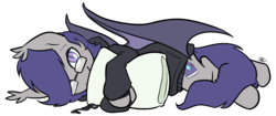 Size: 1063x447 | Tagged: safe, artist:egophiliac, oc, oc only, oc:dusk rhine, bat pony, pony, :>, adorkable, clothes, cuddling, cute, dork, glasses, hair over one eye, hoodie, hug, looking at you, male, on side, pillow, simple background, smiling, snuggles?, snuggling, solo, spread wings, stallion, transparent background