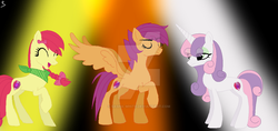Size: 1024x482 | Tagged: safe, artist:sasha-white, apple bloom, scootaloo, sweetie belle, g4, cutie mark, cutie mark crusaders, older, the cmc's cutie marks, watermark