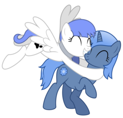 Size: 3650x3500 | Tagged: safe, artist:masem, oc, oc only, oc:double colon, oc:snow pup, pegasus, pony, unicorn, collar, high res, hug, pet tag, simple background, transparent background, vector