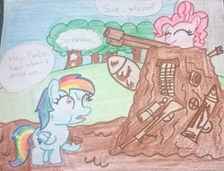 Size: 2088x1592 | Tagged: safe, artist:toyminator900, pinkie pie, rainbow dash, g4, mud, this will end in pain, this will end in tears, traditional art, weapon