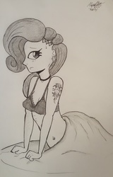 Size: 2776x4341 | Tagged: safe, artist:missmayaleanne, rarity, human, g4, bedsheets, belly button, belly piercing, bellyring, bra, clothes, collar, cutie mark, earring, female, grayscale, humanized, looking at you, monochrome, piercing, solo, tattoo, traditional art, underwear