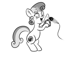 Size: 1480x1224 | Tagged: safe, artist:yakoshi, sweetie belle, g4, cutie mark, female, microphone, monochrome, musical instrument, solo, tambourine, the cmc's cutie marks
