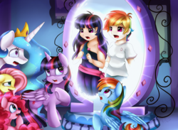 Size: 3698x2711 | Tagged: safe, artist:pridark, fluttershy, pinkie pie, princess celestia, rainbow dash, twilight sparkle, human, g4, female, high res, human ponidox, humanized, lesbian, magic mirror, mirror, multiverse, multiverse feeling, ship:twidash, shipping, twilight sparkle (alicorn)