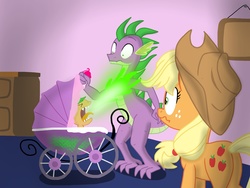 Size: 2048x1536 | Tagged: safe, artist:skyfaller3d, applejack, spike, oc, oc:applespike, dracony, hybrid, fanfic:daughter of discord, g4, baby bottle, carriage, female, fire, fire breath, interspecies offspring, male, offspring, parent:applejack, parent:spike, parents:applespike, ship:applespike, shipping, straight