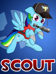 Size: 3000x4000 | Tagged: safe, artist:10art1, rainbow dash, pegasus, pony, g4, alternate cutie mark, baseball bat, crossover, female, headset, jumping, rainbow scout, rainbows make me cry, scout (tf2), solo, team fortress 2
