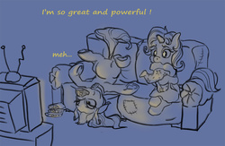 Size: 1000x650 | Tagged: safe, artist:rallerae, sonata dusk, trixie, pony, unicorn, g4, couch, eating, female, food, mare, monochrome, ponified, taco, television