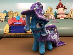 Size: 960x720 | Tagged: safe, artist:little-broy-peep, artist:ramivic, trixie, pony, unicorn, g4, cape, clothes, female, hat, irl, mare, photo, plushie, trixie's cape, trixie's hat