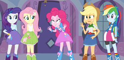 Size: 874x425 | Tagged: safe, applejack, fluttershy, pinkie pie, rainbow dash, rarity, equestria girls, g4, balloon, boots, bracelet, carousel boutique, clothes, faic, high heel boots, jewelry, skirt