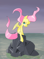 Size: 3600x4800 | Tagged: safe, artist:chaosmalefic, fluttershy, g4, cliff, female, lidded eyes, looking at you, ocean, rock, sitting, solo, turned head, water, windswept hair, windswept mane