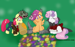 Size: 1024x640 | Tagged: safe, artist:kasei-yoshi, apple bloom, scootaloo, sweetie belle, vampire, werewolf, zombie, g4, candy, clothes, costume, cutie mark crusaders, fangs, food, halloween, nightmare night, plants vs zombies