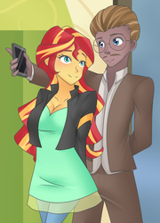Size: 1280x1781 | Tagged: safe, artist:time, sunset shimmer, oc, oc:dice magica, equestria girls, g4, canon x oc, cellphone, female, male, phone, shipping, smiling, straight