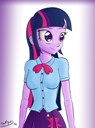 Size: 1280x1707 | Tagged: safe, artist:thealjavis, twilight sparkle, equestria girls, g4, arms, blouse, bowtie, breasts, bust, clothes, confused, female, hair, long hair, puffy sleeves, skirt, solo, teenager, turned head