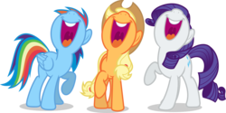 Size: 13430x6732 | Tagged: safe, artist:luckreza8, applejack, rainbow dash, rarity, earth pony, pegasus, pony, unicorn, crusaders of the lost mark, g4, .svg available, absurd resolution, female, mare, nose in the air, open mouth, raised hoof, shadow, simple background, singing, transparent background, uvula, vector, volumetric mouth