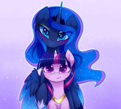 Size: 2220x2000 | Tagged: safe, artist:magnaluna, princess luna, twilight sparkle, alicorn, pony, blushing, crown, eyeshadow, female, gold, horseshoes, jewelry, lesbian, looking at you, looking up, makeup, mare, necklace, regalia, shipping, twilight sparkle (alicorn), twiluna