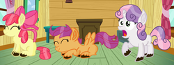 Size: 2500x943 | Tagged: safe, artist:pastelhorses, apple bloom, scootaloo, sweetie belle, g4, chest fluff, clubhouse, crouching, crusaders clubhouse, cute, cutie mark crusaders, ear fluff, eyes closed, unshorn fetlocks