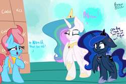Size: 3000x2000 | Tagged: safe, artist:lynchristina, cup cake, princess celestia, princess luna, alicorn, earth pony, pony, g4, angry, boxes, cake, cakelestia, eyelashes, eyes closed, floppy ears, food, frown, glare, high res, nervous, open mouth, raised hoof, smiling, spread wings, unamused