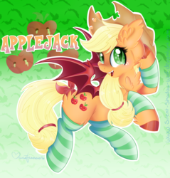 Size: 1024x1073 | Tagged: safe, artist:pvrii, applejack, bat pony, pony, g4, applebat, bat ponified, chest fluff, clothes, ear fluff, female, race swap, socks, solo, striped socks