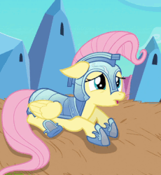 Size: 342x371 | Tagged: safe, screencap, fluttershy, pony, g4, the crystal empire, animated, armor, crystal guard armor, fantasy class, female, jousting, jousting outfit, knight, warrior