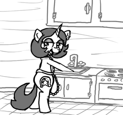Size: 640x600 | Tagged: safe, artist:ficficponyfic, oc, oc only, oc:joyride, pony, unicorn, colt quest, adult, apron, cabinet, clothes, female, horn, kitchen, kitchen sink, mage, mare, oven, sink, smirk, standing, story included, stove, washing