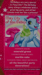 Size: 576x1024 | Tagged: safe, photographer:elisha, may lily of the valley (g3), g3, backcard, birthflower ponies, irl, photo, solo, text