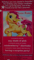 Size: 576x1024 | Tagged: safe, photographer:elisha, june rose (g3), g3, backcard, birthflower ponies, irl, photo, solo, text