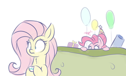 Size: 1280x768 | Tagged: safe, artist:heir-of-rick, fluttershy, pinkie pie, g4, balloon, behind you, birthday, giggling, lurking, party cannon, present, sketch, soon