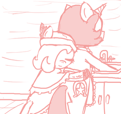 Size: 640x600 | Tagged: safe, artist:ficficponyfic, oc, oc only, oc:emerald jewel, oc:joyride, earth pony, pony, unicorn, colt quest, apron, cabinet, clothes, hat, horn, hug, kitchen, kitchen sink, sink, story included, upset