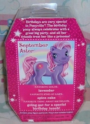 Size: 321x442 | Tagged: safe, photographer:mlp4me, september aster, g3, backcard, birthflower ponies, irl, photo, solo, text