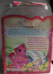 Size: 542x750 | Tagged: safe, photographer:lilcricketnoise, july jubilee, earth pony, pony, g3, backcard, irl, photo, solo, text