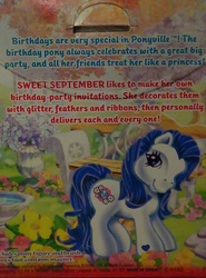 Size: 759x1023 | Tagged: safe, photographer:elisha, sweet september, g3, backcard, irl, jewel birthday ponies, photo, solo, text