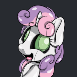 Size: 500x500 | Tagged: safe, artist:blastdown, artist:bobdude0, sweetie belle, pony, robot, robot pony, unicorn, g4, chest fluff, collaboration, cute, diasweetes, female, filly, foal, horn, open mouth, simple background, smiling, solo, sweetie bot