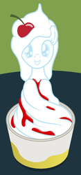 Size: 1424x3048 | Tagged: safe, artist:badumsquish, derpibooru exclusive, oc, oc only, oc:vanilla ice, food pony, goo pony, original species, pony, g4, badumsquish strikes again, bowl, cherry, dessert, female, food, frogurt, grin, happy, it's alive!, looking at you, open mouth, solo, syrup, table
