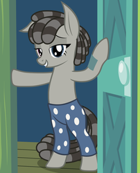 Size: 1862x2309 | Tagged: safe, artist:badumsquish, derpibooru exclusive, smarty pants, pony, g4, bedroom, bedroom eyes, bipedal, clothes, door, doorway, female, grin, heterochromia, implied big macintosh, living doll, looking at you, ponified, shipping, smartymac, smiling, solo, straight