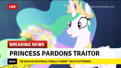 Size: 640x360 | Tagged: safe, edit, edited screencap, screencap, discord, princess celestia, g4, twilight's kingdom, break your own news, breaking news, news